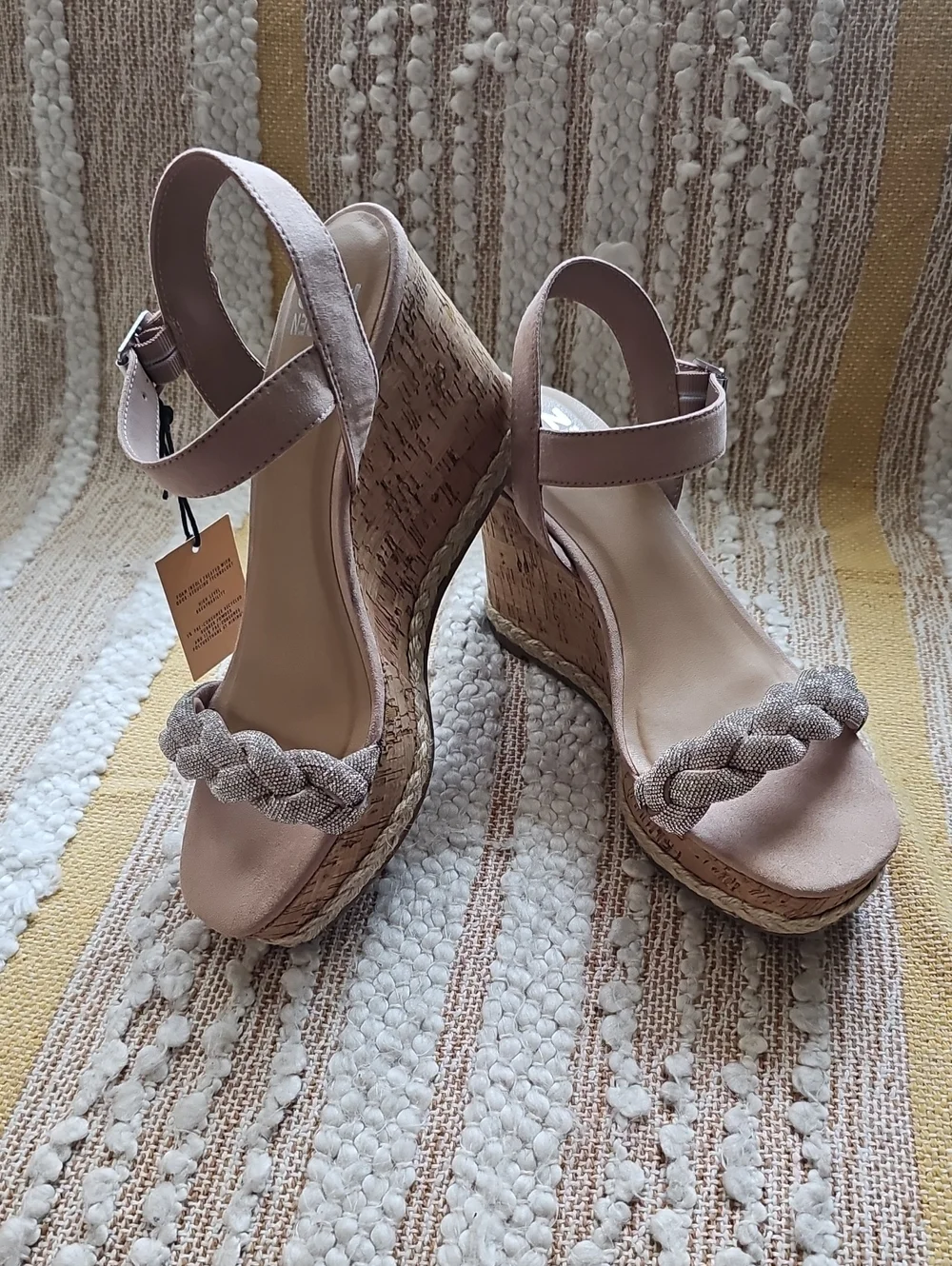 Blush Braided Cork Wedge Sandals with Ankle Strap